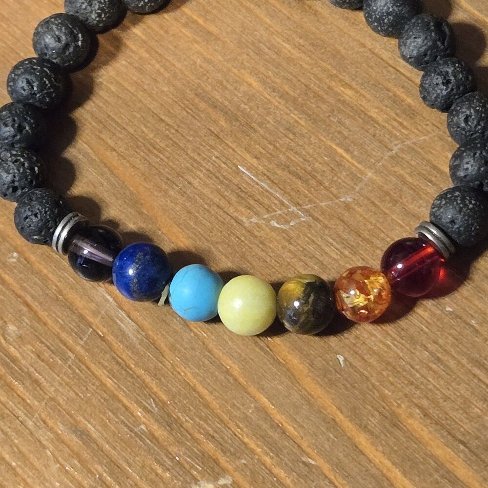 (2) 7-Chakra Volcanic Lava & Wood Prayer Bead Bracelets - Picture 3 of 5